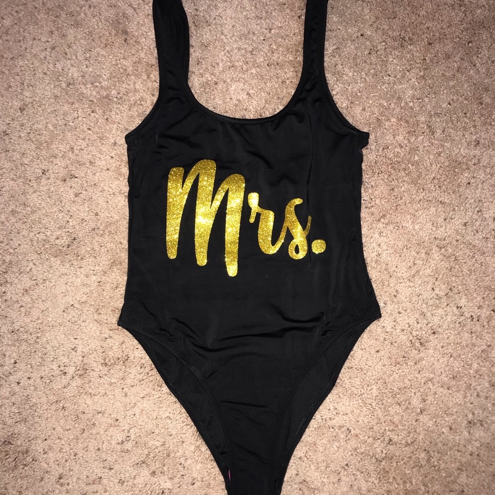 Black one piece swimsuit with gold Mrs.